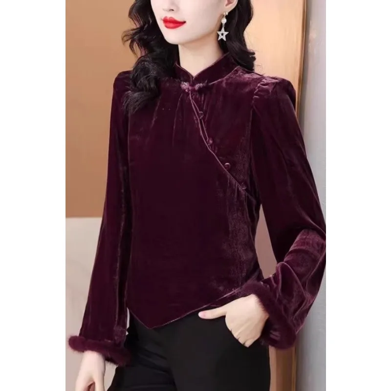 Gold Velvet Long-sleeved Velvet New Design Autumn Retro Top Temperament Chinese Style Bottom Button Shirt Outer Wear