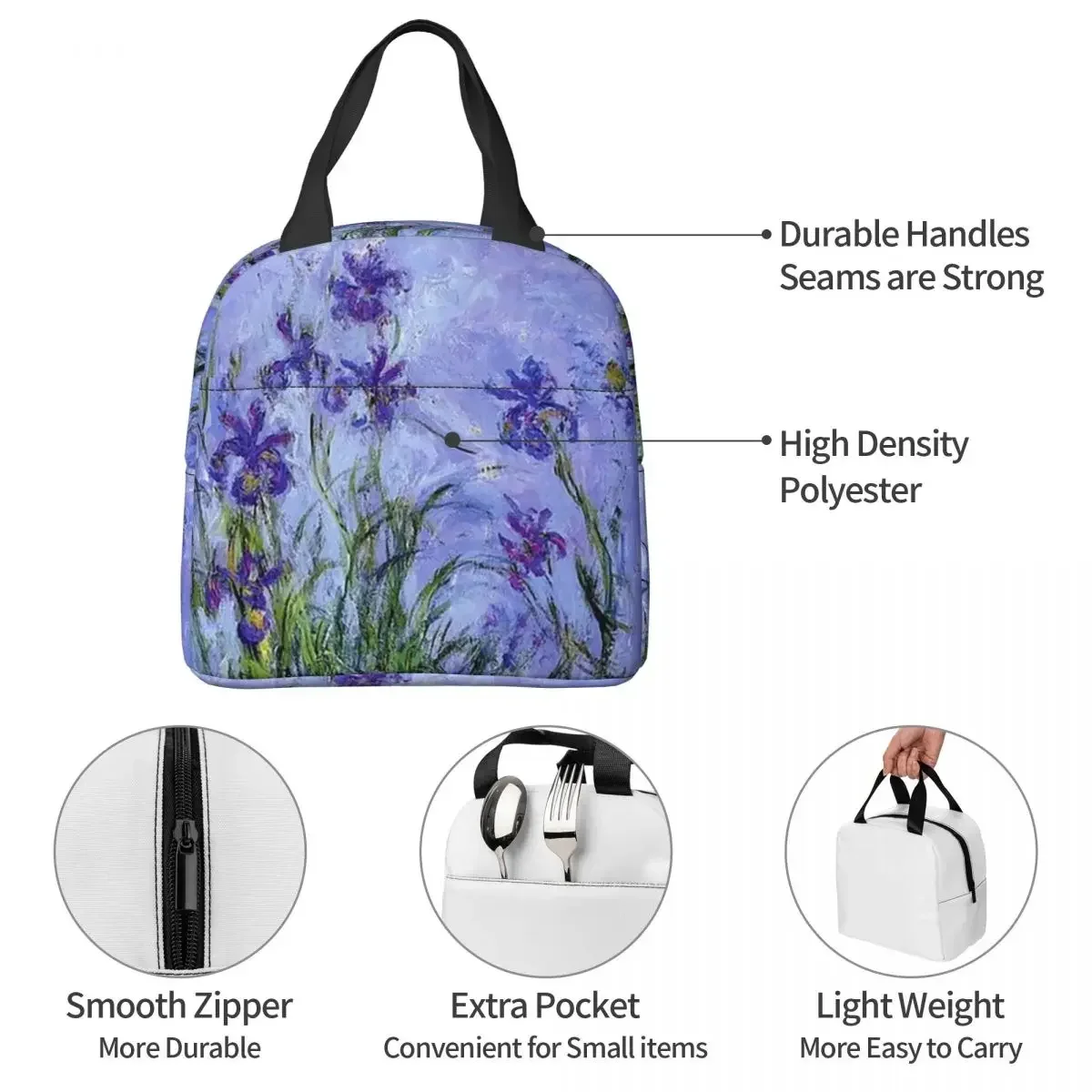 Claude Monet Lilac Irises 191 Insulated Lunch Bag for Women Children Portable Food Boxes Thermal Lunch Box Tote view 5