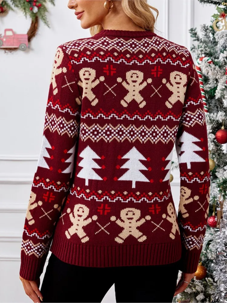 New Autumn Winter Christmas Sweater Women's Jacquard Print Long Sleeve O Neck Casual Knitting Merry Xmas Female Pullover Top 4