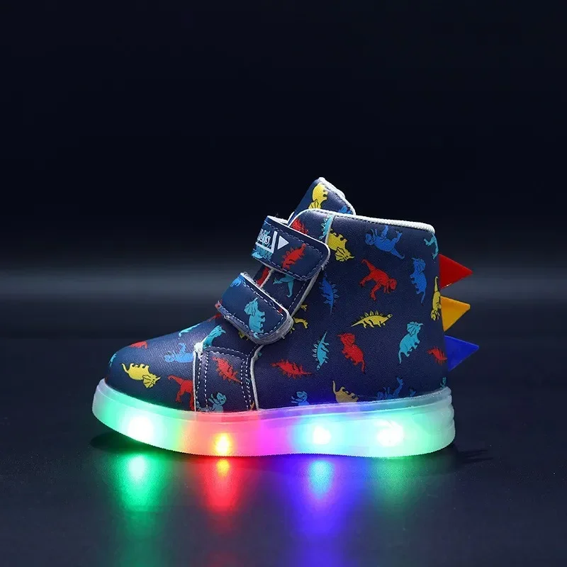 Children\'s High Top Sneakers 2024 New LED Lighted PU Kids Shoes Fashion Dinosaur Print Boys Casual Shoes Luminous Board Shoes