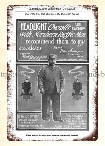 hanging artwork prints 1912 Larned, Carter Co. Headlight Overalls metal tin sign