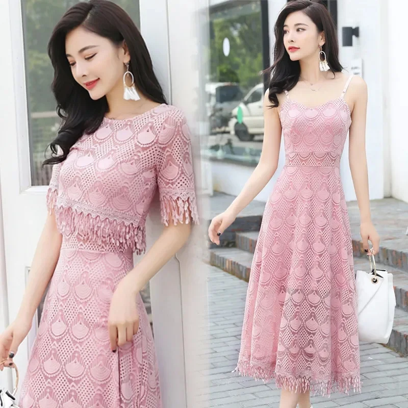 

2023 Ladies Sexy Hollow Lace Dress Two-piece Suit Sets Women Spring Summer Spaghetti Strap Dress Pullover Short Tops Casual Sets