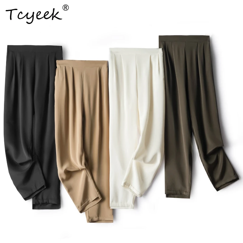 

Tcyeek 93% Mulberry 7% Spandex Spring Summer Solid Color Casual Small Leg Long Women's Pants Брюки Женские Летние 여름바지 여름바지여성