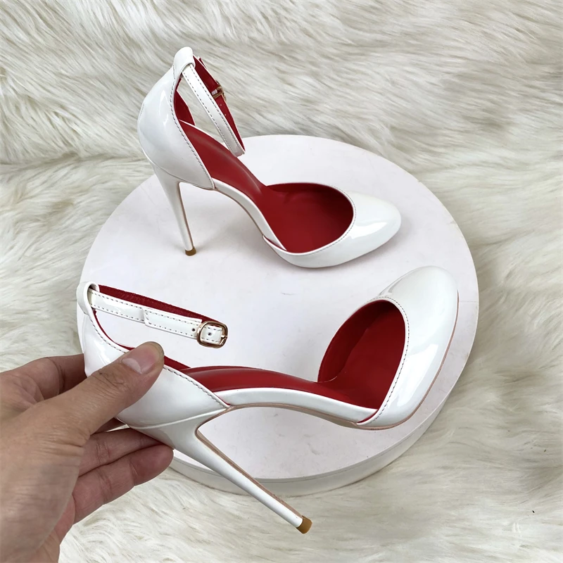 Keshangjia White Patent Leather Women Ankle Strap Stiletto Pumps Round headToe Sexy High Heel Shoes 10cm 12cm Customize 33-46