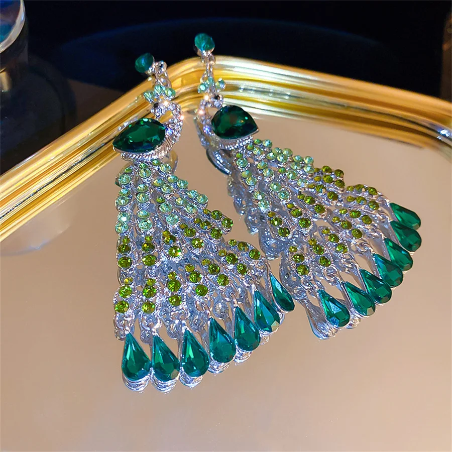 Luxe Pauw Strass Oorbellen Dames Lange Groene Kristallen Oorbellen Voor Vrouwen Bruiloften Bruid Sieraden