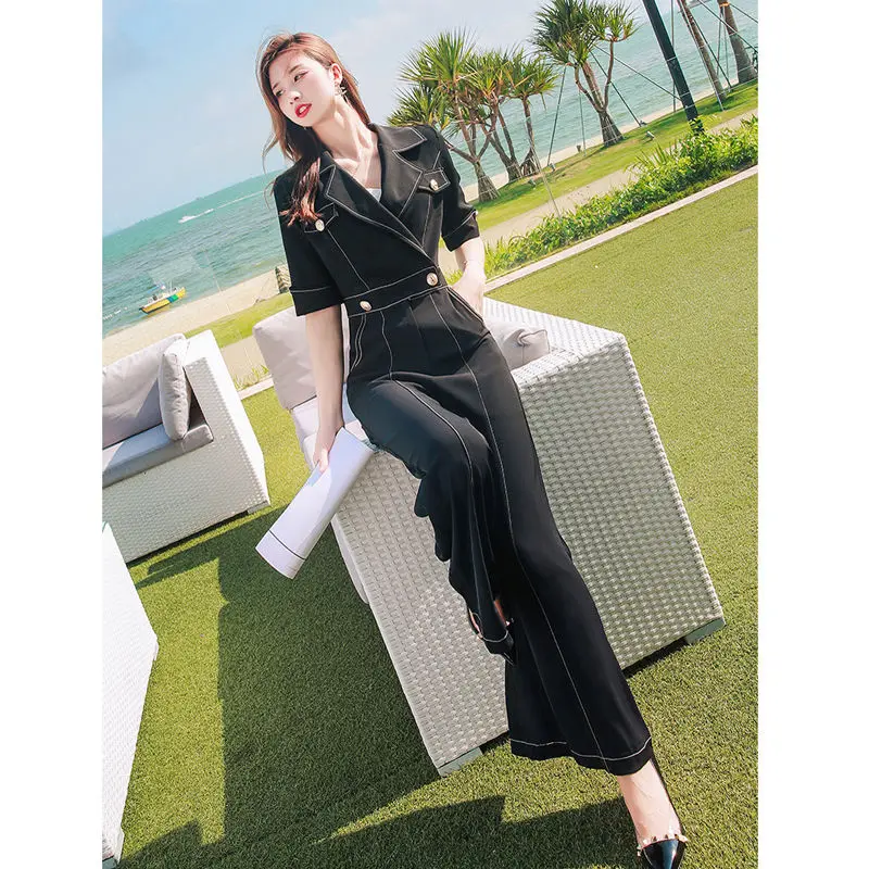 Women's Wide Legs Playsuits 2022 Summer High Waist Blazer Jumpsuits Ladies Fashion Noched Collar Long Romer Short Sleeved