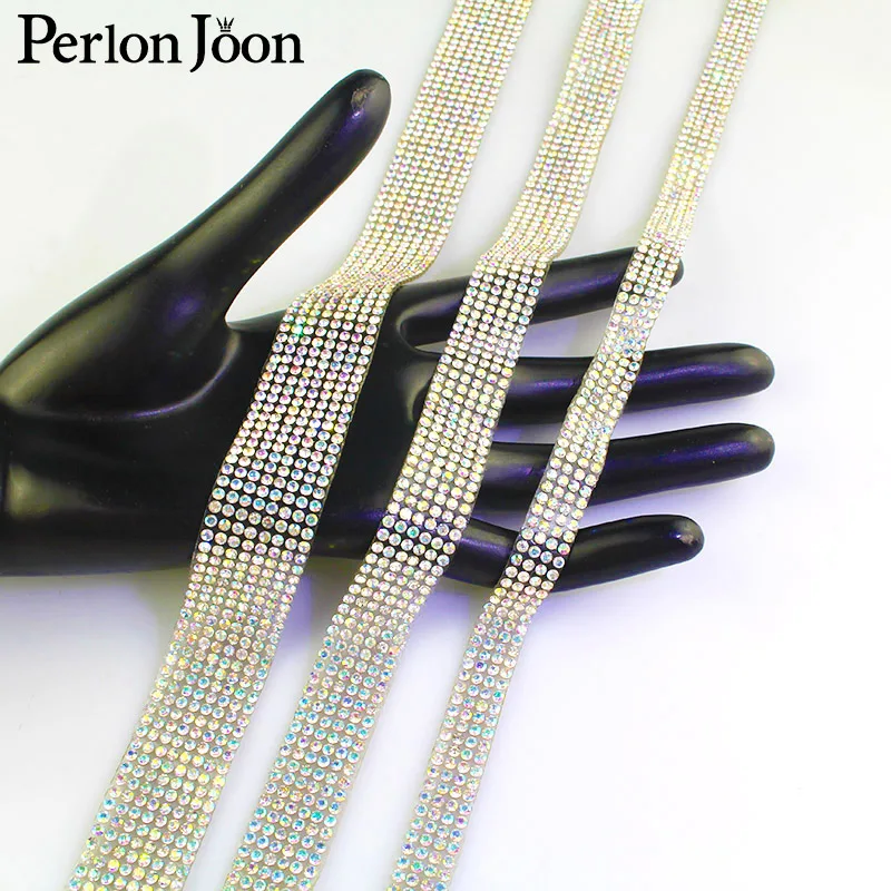 Rhinestone Tape Trim Ribbon Iron On Appliques For Dress Bag Arranged Motif AB Crystal Hot Fix Decoration For Shoes 1 Yard TR001