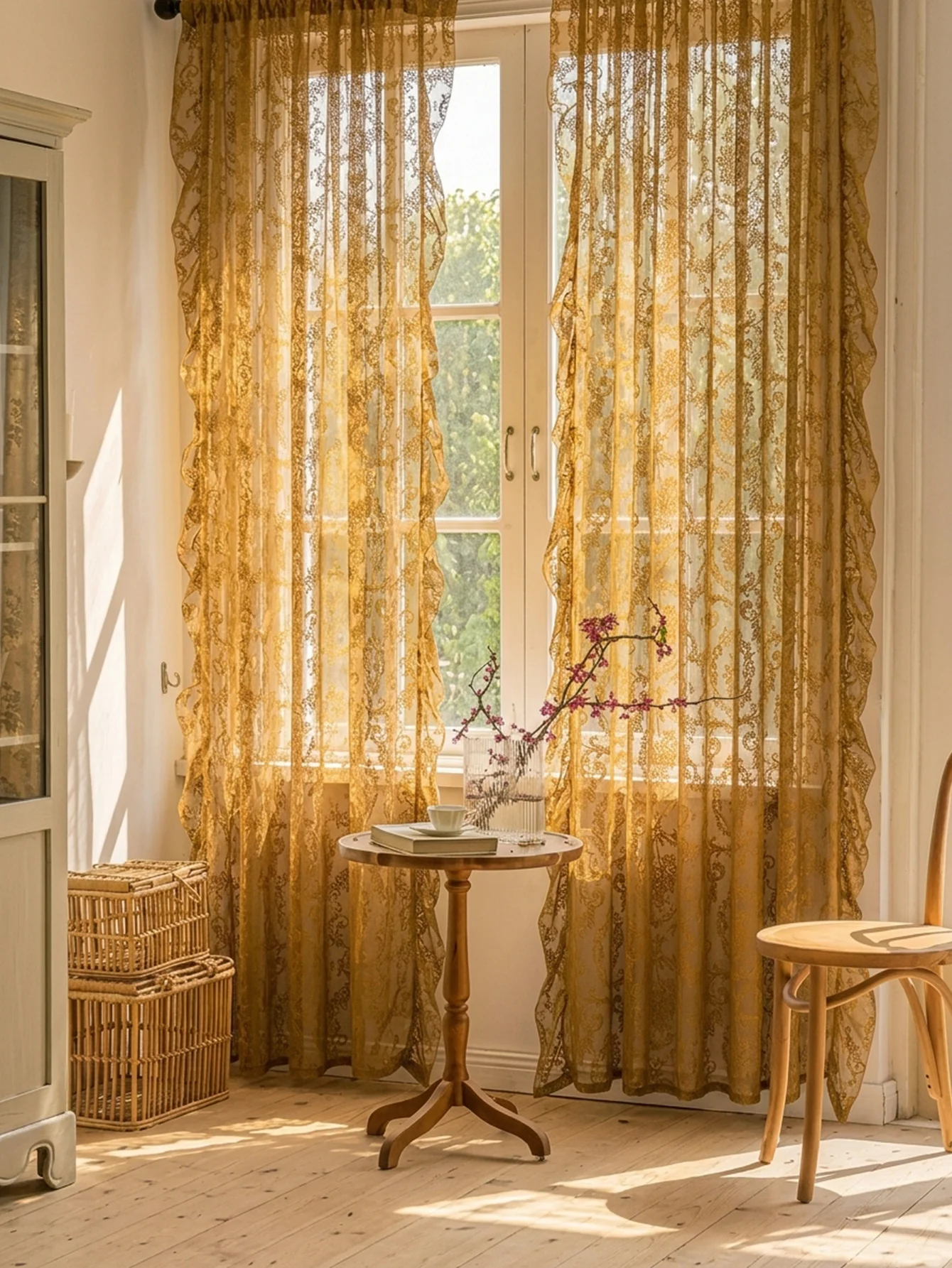 Bohemian Amber Lace Window Curtains, Semi-Sheer Light Filtering Curtains with Ruffle Trim for Farmhouse Living Room, Vintage Sty