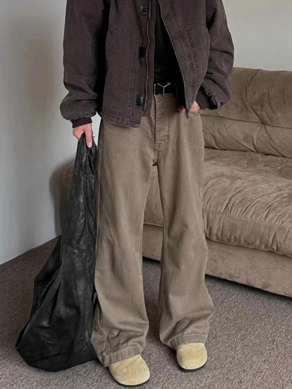 

Ретро-джинсы свободного кроя прямого кроя кофейно-коричневого цвета для мужчин и женщин, повседневные, осенне-зимние, модные, брендовые, в стиле «пустынный ветер», длинные брюки в стиле INS