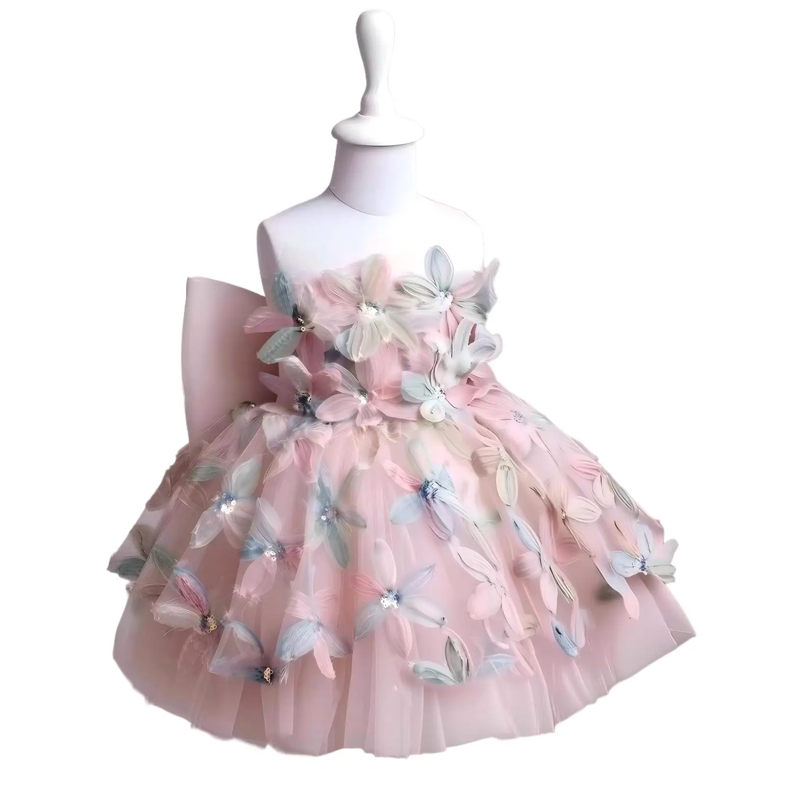 Kids Girls Princess Tulle Party Dress Elegant Wedding Birthday Dress Bow Flower Decor Pink Blue