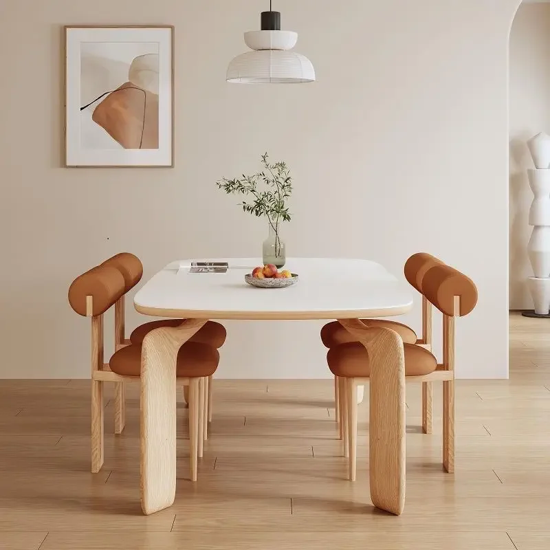 Nordic logs, solid wood, integrated wind, elephant legs, dining table, household small apartment table, with round stone slab di