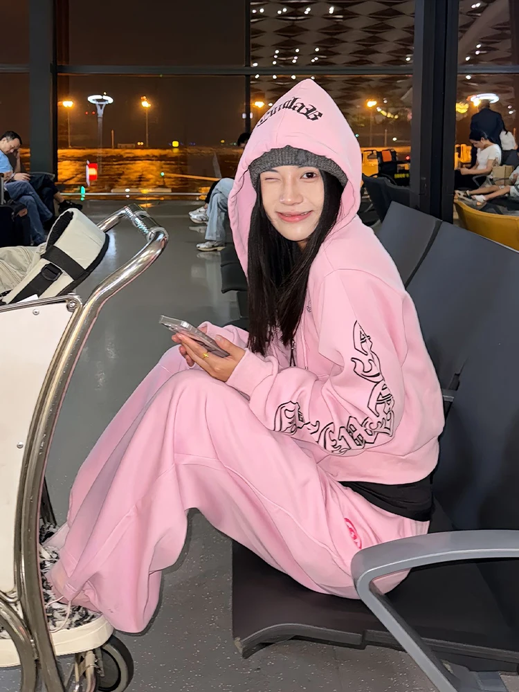 Felpa con Cappuccio Gotica con Stampa di Lettere, Doppia Cerniera, Slim Fit, Outfit Trendy per Ragazze, Giacca con Cappuccio Stile American Gothic