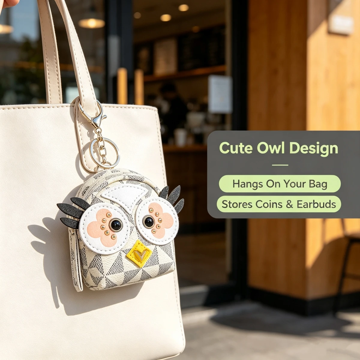 Cute 3D Owl Mini Coin Purse Leather Keychain, Portable Earphone Storage Bag, Cartoon Animal Car Key Holder Gift for Women Girls view 2