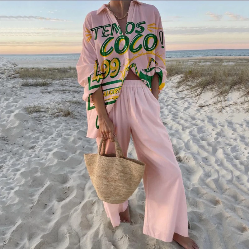 

Spring Autumn New Women's Printed 2 Piece Set Casual Lapel Long Sleeve Single Breasted Shirt Top Wide Loose Leg Pants Suits
