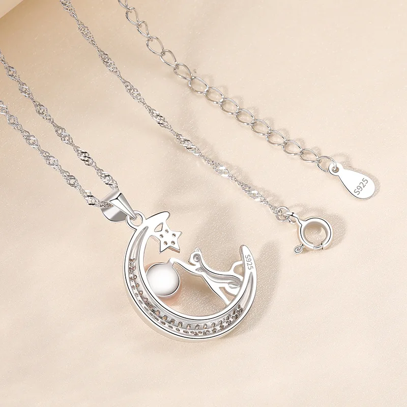 Silver Jewelry925Silver Moon Pearl Pendant Fashion Design Clavicle Necklace Women's Diamond Set Chain