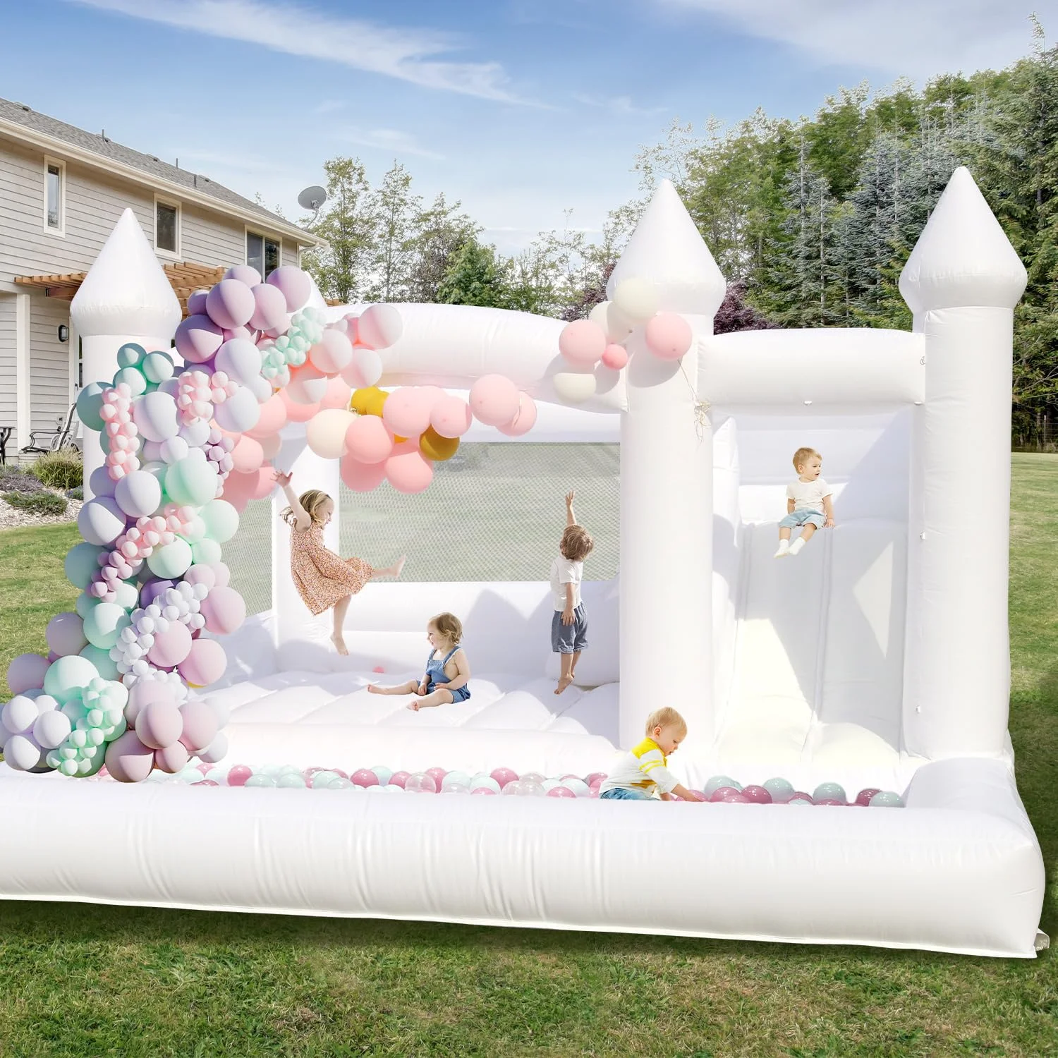 15FT PVC White Bounce House With Slide & Ball Pit, Large Jumper Bouncy Inflatable Castle For Wedding, Birthday, Party Decoration