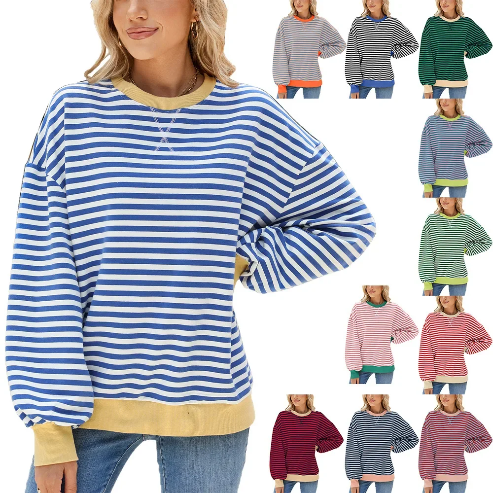 

2024 European and American Autumn and Winter New Striped Round Neck Contrasting Loose Long Sleeved Sweatshirt Jacket for Women