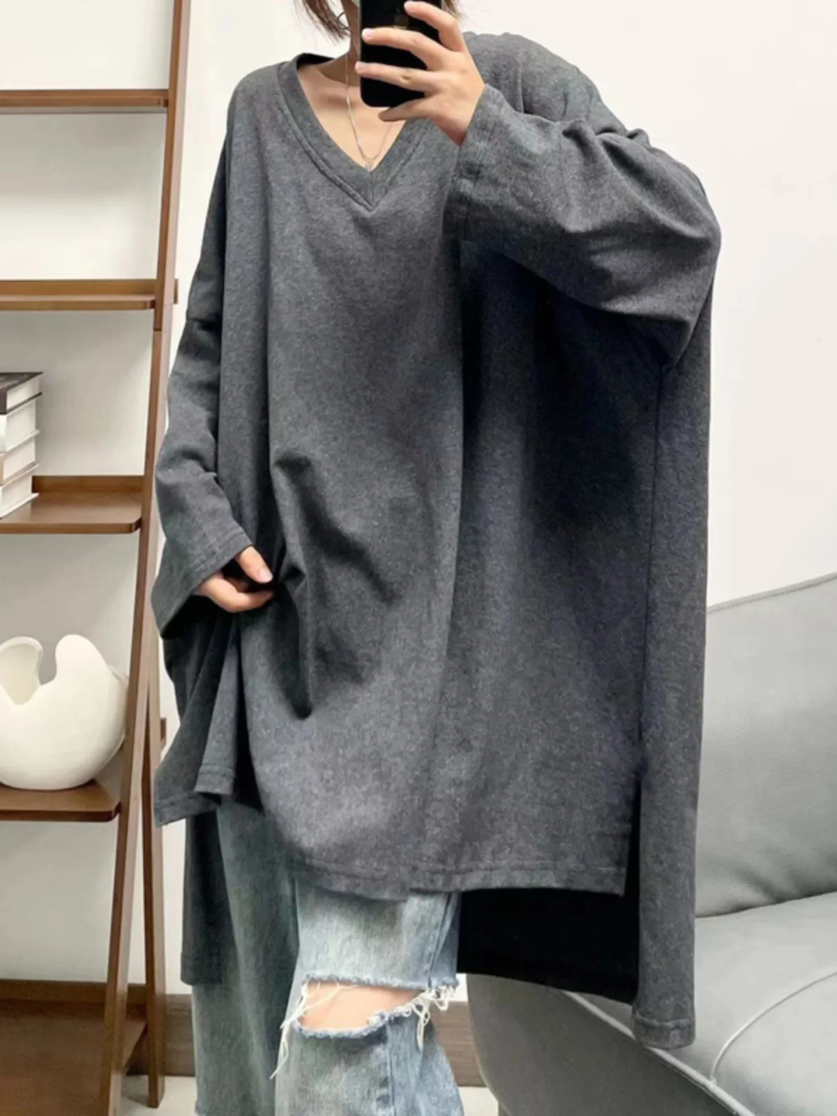 

Phil Dan Lazy Sle Thiened High Weight Cotton Oversize V-Ne Front ort Ba Long Sve Long T-shirt Street Sle Autum...