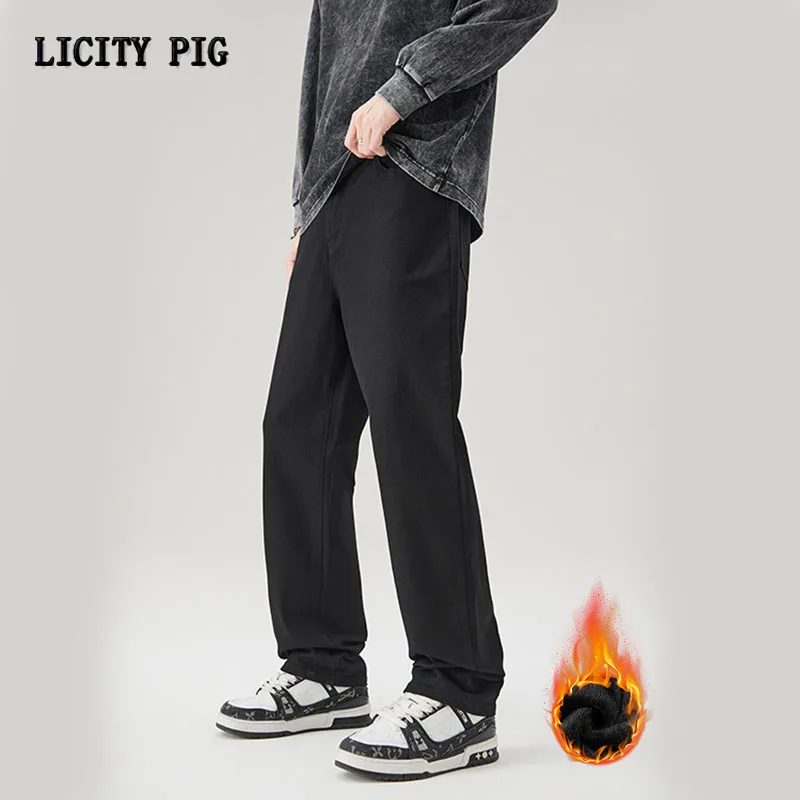 Fashion Straight Jeans Korean Style Mid High Denim Versatile Wide Leg Trousers New Male Streetswear Winter warm slim-fit Jeans