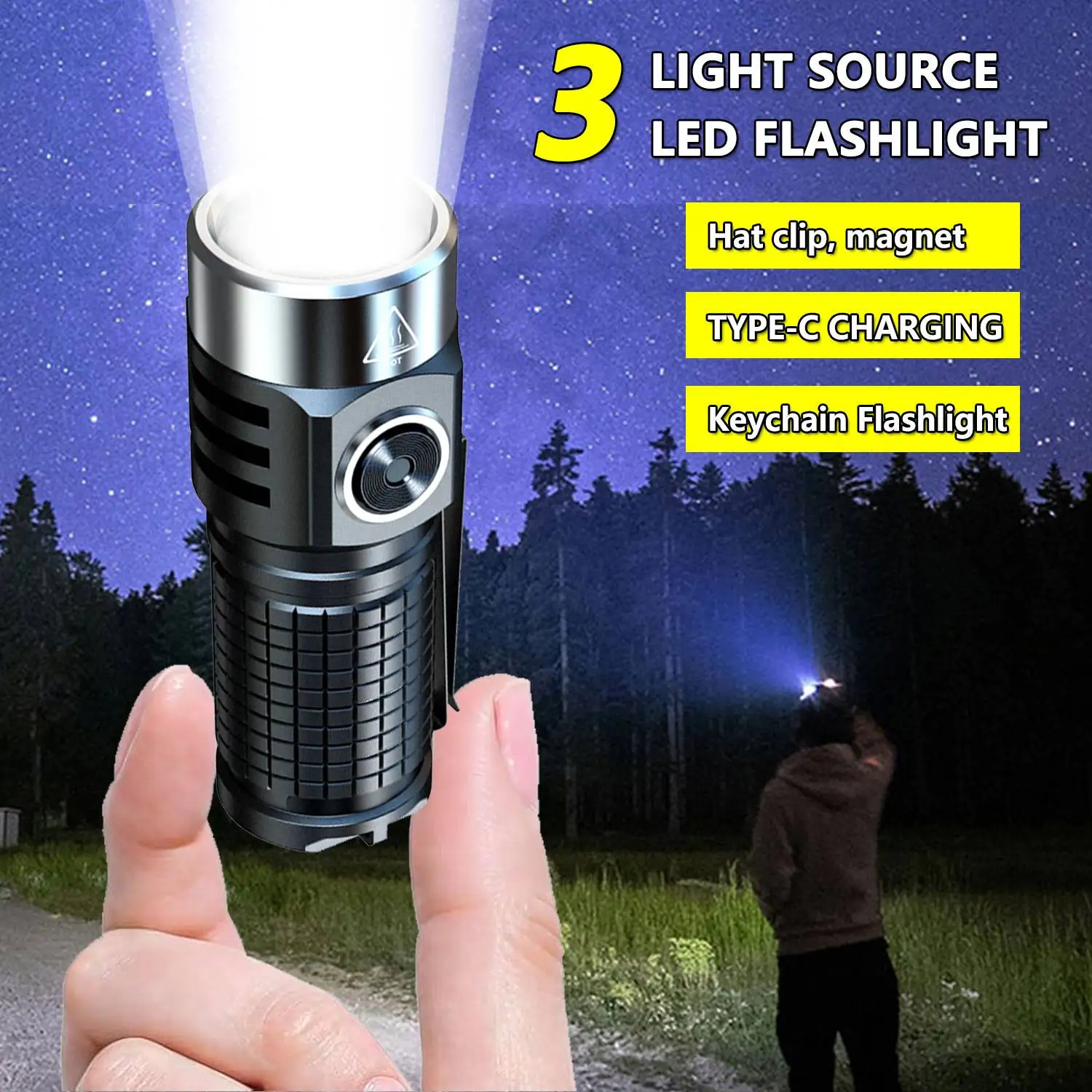 

2000LM Portable 3 light sourceled Keychain Flashlight Hat clip magnet Rechargeable Outdoor IP6 Waterproof Emergency Mini Torch