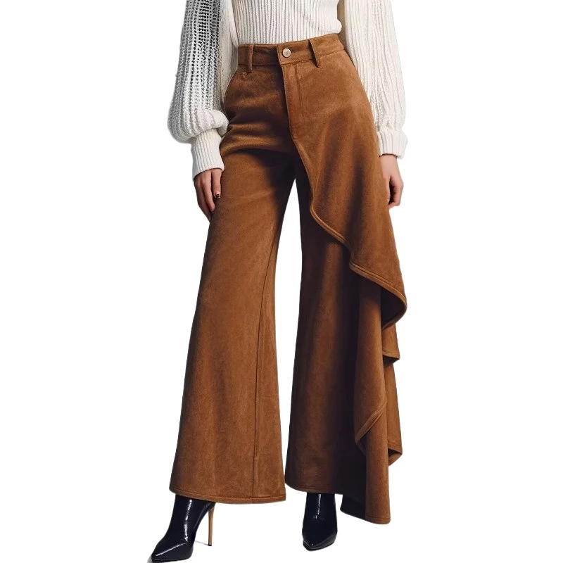 New Autumn Winter European and American Cross-border Irregular Splicing Vertical Design Women's Trousers Suede Street Hipster