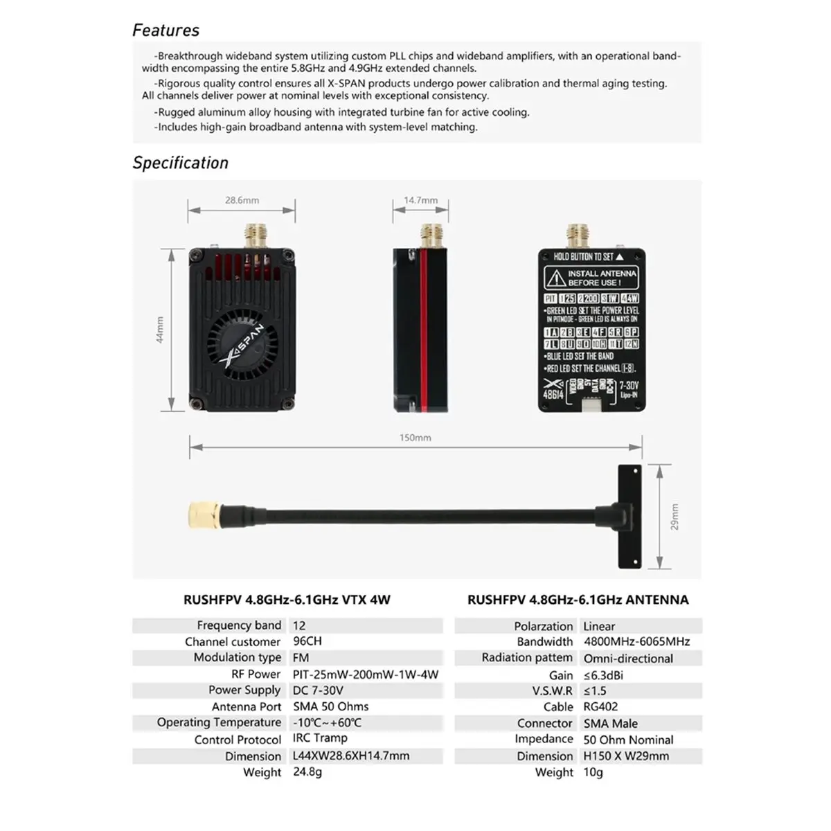 

(A30I) 4.8-6.1G VTX 4W 96CH High Power VTX PIT-25mW-200mW-1W-4W with Antenna for RC FPV Long Range Fixed-Wing Drones