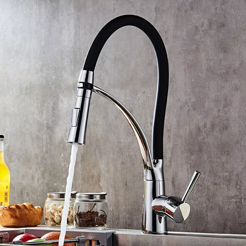 Silver/Black Kitchen Sink Faucet Rotating Pull down Sink Faucet Installation Deck Bathroom Installation Hot and Cold Water Mixer
