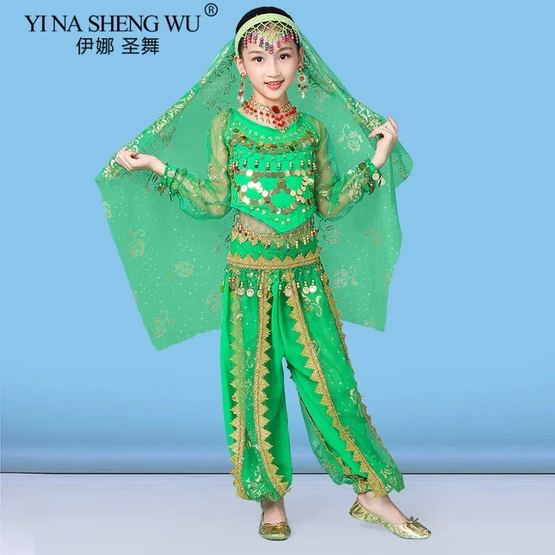 Children Belly Dance Indian Costume Set Sari Girls Dance Performance Chiffon Bollywood Outfit Children Indian Dance Costumes Set