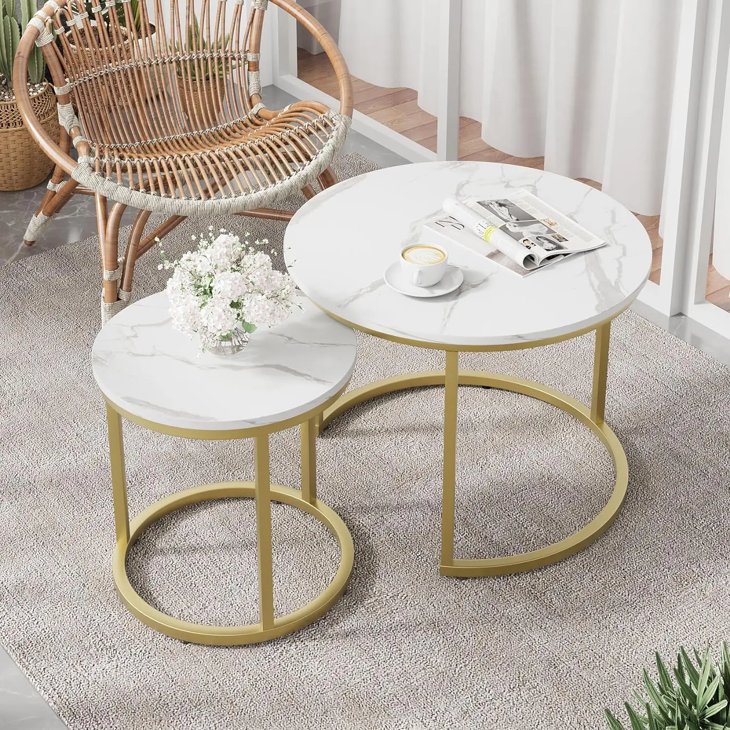 

White and Gold Nesting Tables for Living Room, Set of 2 End Tables, Wood Surface Top, Sturdy Metal Leg, Balcony Side Sofa Table