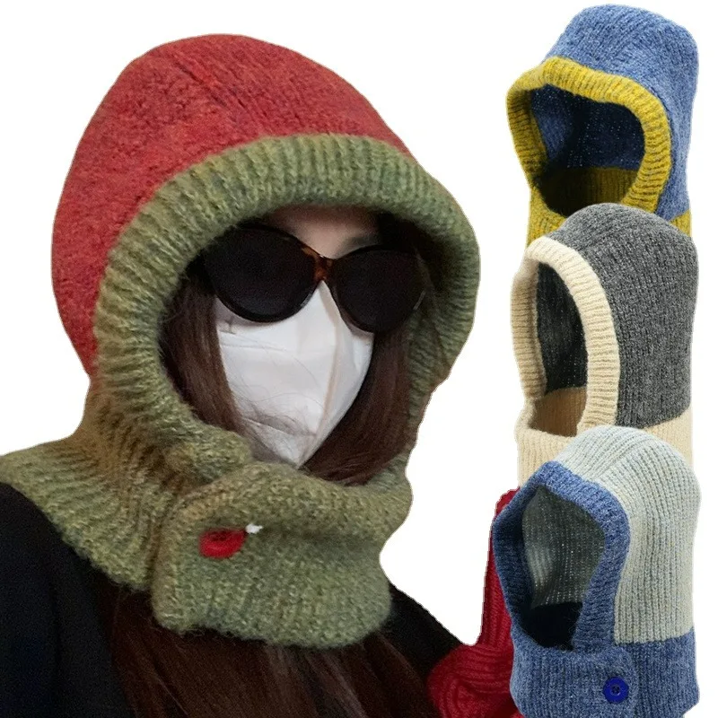 

Winter Balaclava Hats New Ins Fashion Women's Hooded Scarf Pullover Beanie Girls Female Blocking Color Warm Knitted Cap Bonnet