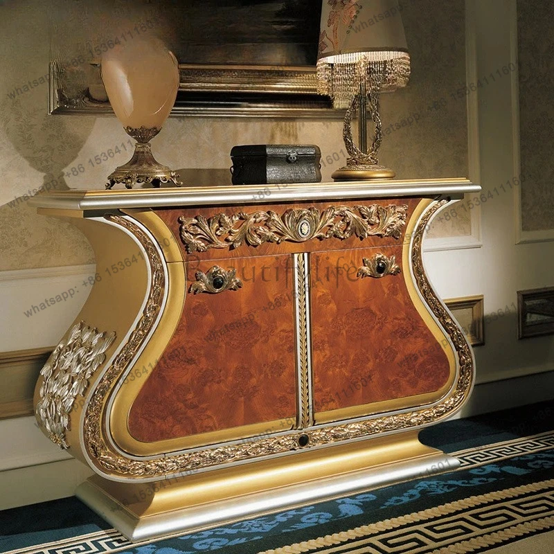 French luxury entrance cabinet gold, neoclassical decorative cabinet, European solid wood foyer cabinet