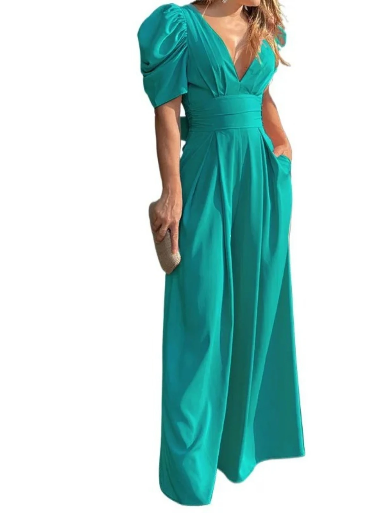 

Весна 2026: Женский модный комбинезон однотонного цвета с высокой талией, глубоким V-образным вырезом, плиссировкой, в элегантном стиле