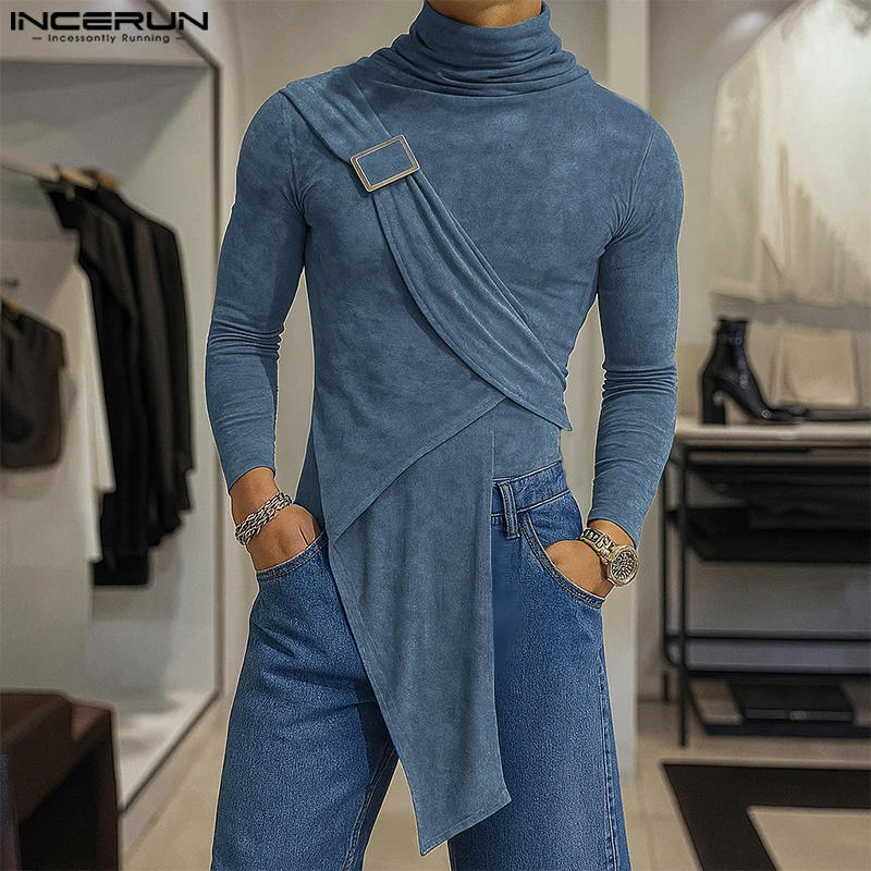 INCERUN الرجال تي شيرت بلون الياقة المدورة طويلة الأكمام محبوك عادية الذكور المحملة القمم الشارع الشهير 2025 موضة غير النظامية تي شيرت