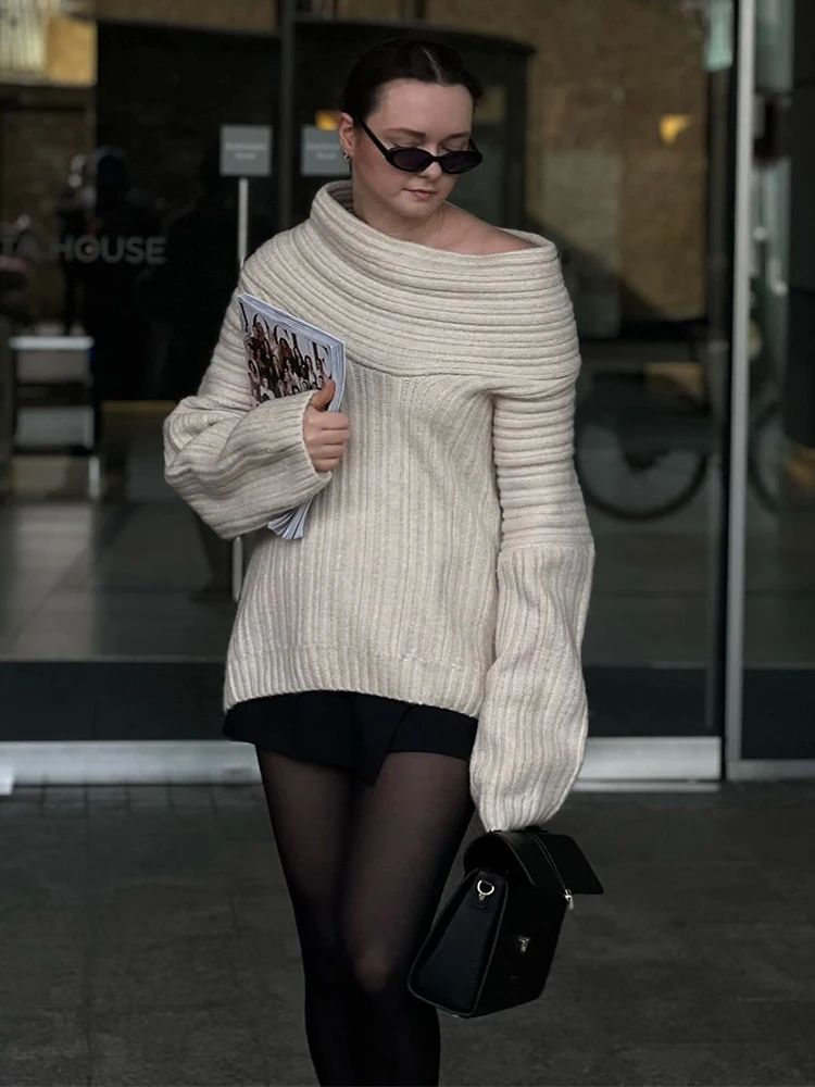 

2024 Women Fashion Off Shoulder Solid Pullover Knit Sweater Elongated Sleeves Soft lady Rib Knitwear Chic Autumn Streetwear