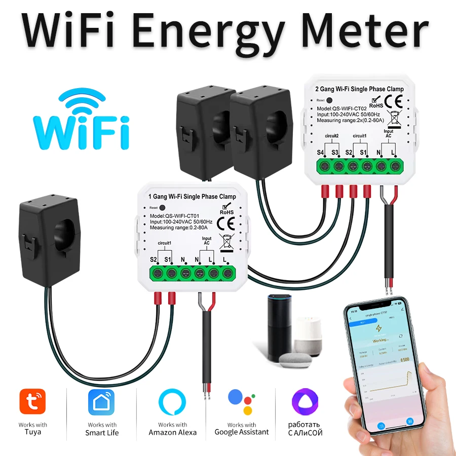 

Tuya Smart WiFi счетчик энергии трансформатор тока клещи монитор 1CH 2CH 80A солнечная фотоэлектрическая система мониторинг энергопотребления