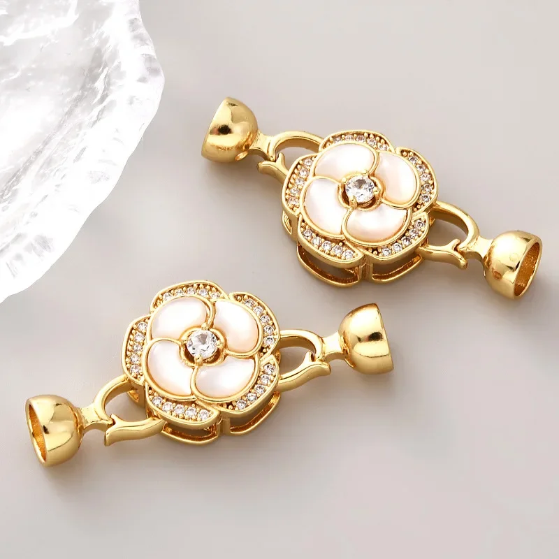 

1 Pcs DIY Jewellery Connector, 18K Gold Plated Brass Metal Pearl Clip, Zirconia Rose Camellia Connector Clip, Jewellery Supplies