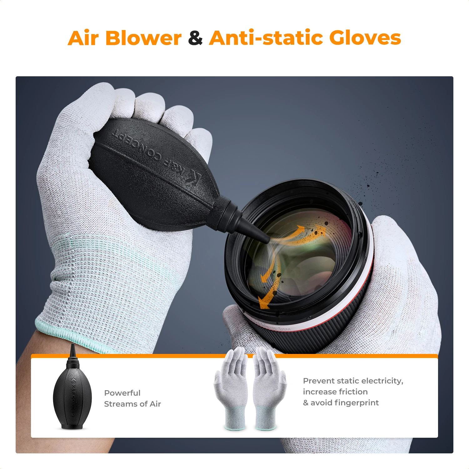 K & F Concept Kit de limpieza de cámara 23 en 1 con limpiador de sensores APS-C y hisopos de marco completo, soplador de aire, cepillo para lentes, guantes, paño y bolsa para lentes