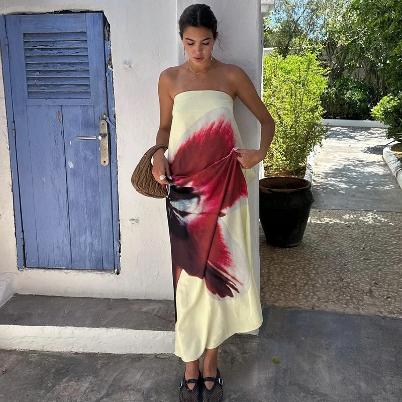 2025 Sexy trägerloses Druck-Blumengürtel-Damen-Maxikleid, gelb, rückenfrei, hohe Taille, Sommerurlaub, elegante Strandmode
