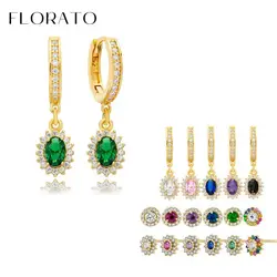 925 Sterling Silver Ear Needle Round Zircon Pendant Hoop Earrings/Crystal Colorful Stud Earrings For Women Fashion Party Jewelry