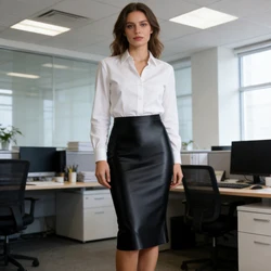 MJINM Women Glitter Oil One Step Hip Wrap Skirts Business Stretch Office Glossy Mid-calf Pencil Slim Bodycon Smooth Long Skirts