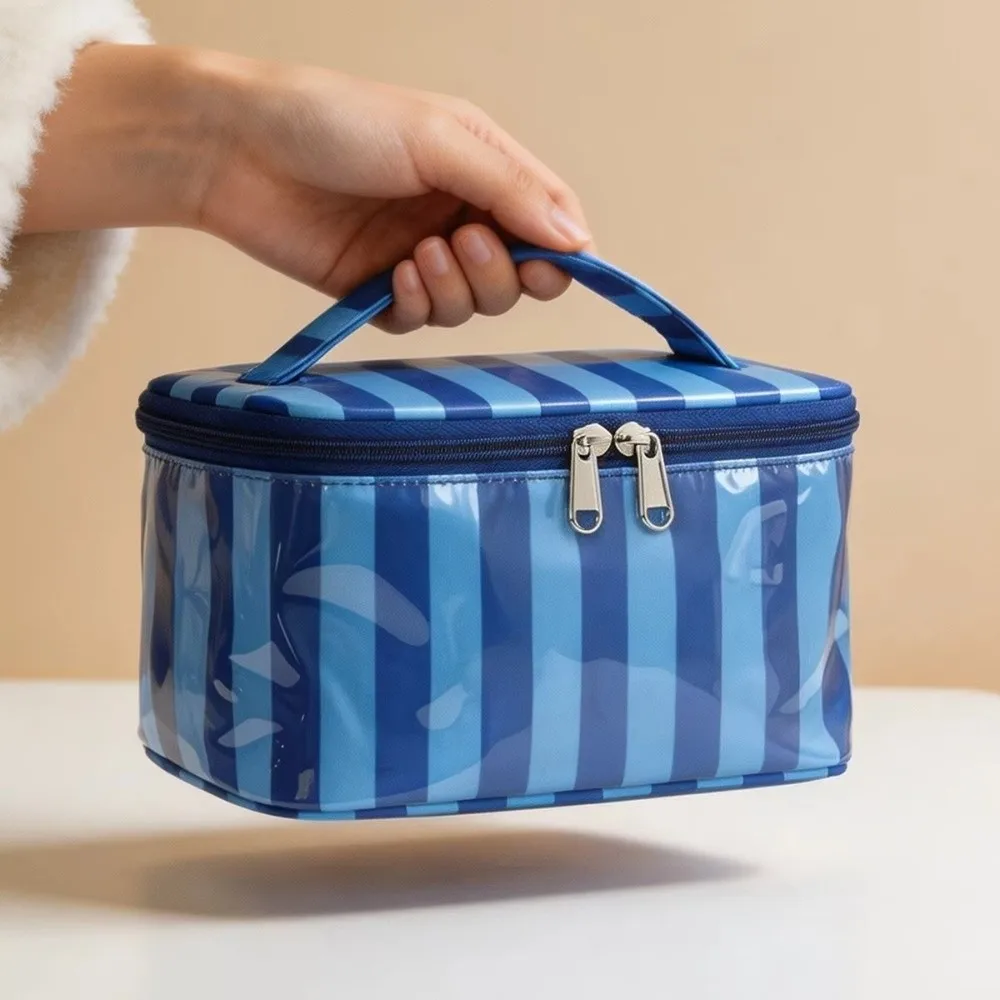 Striped Design Toiletry Storage Bag PVC Material Waterproof Makeup Organizer Case Durable Lightweight Cosmetic Travel Bag