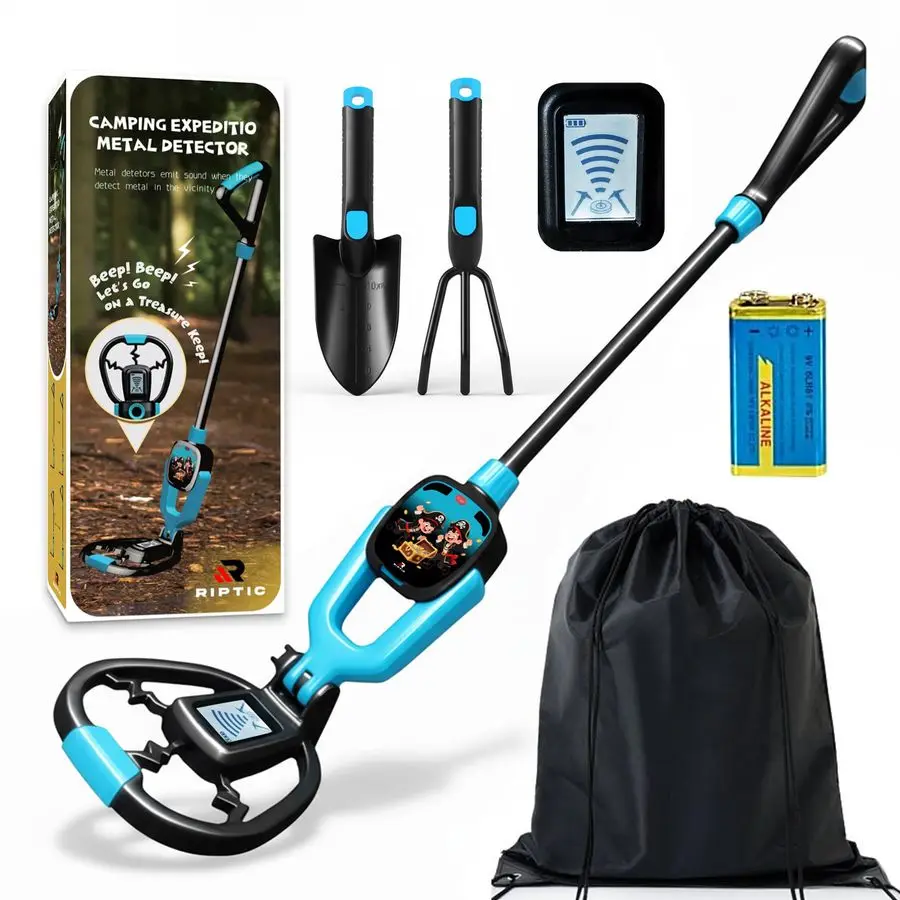 كاشف معادن خفيف الوزن للأطفال مع جذع قابل للتعديل، شاشة عرض عمق LED، ملف بحث مقاوم للماء، مجرفة، أشعل النار