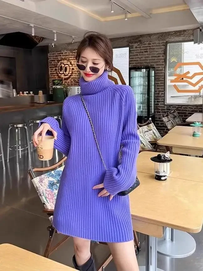 خريف شتاء جديد Sle تخفيف Sle قماش آخر ذوي الياقات العالية محبوك المرأة منتصف طول قاعدة طبقة سترة تنورة #5