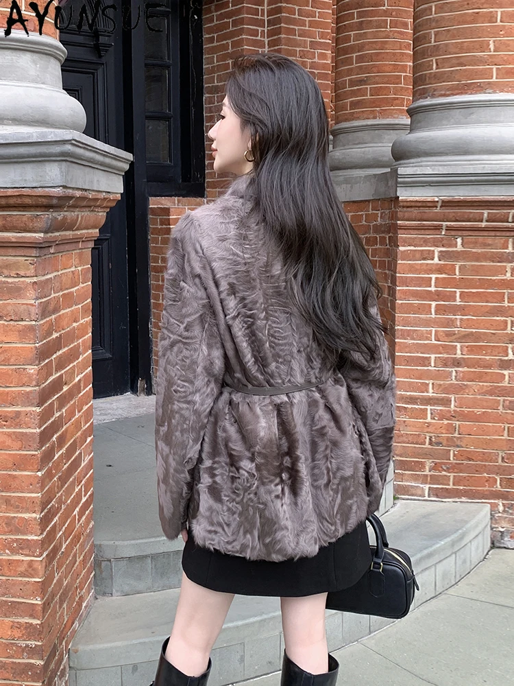AYUNSUE 2025 양면 Shearling 자켓 여성 v 넥 천연 양모 럭셔리 자켓 여성 의류 느슨한 진짜 모피 자켓