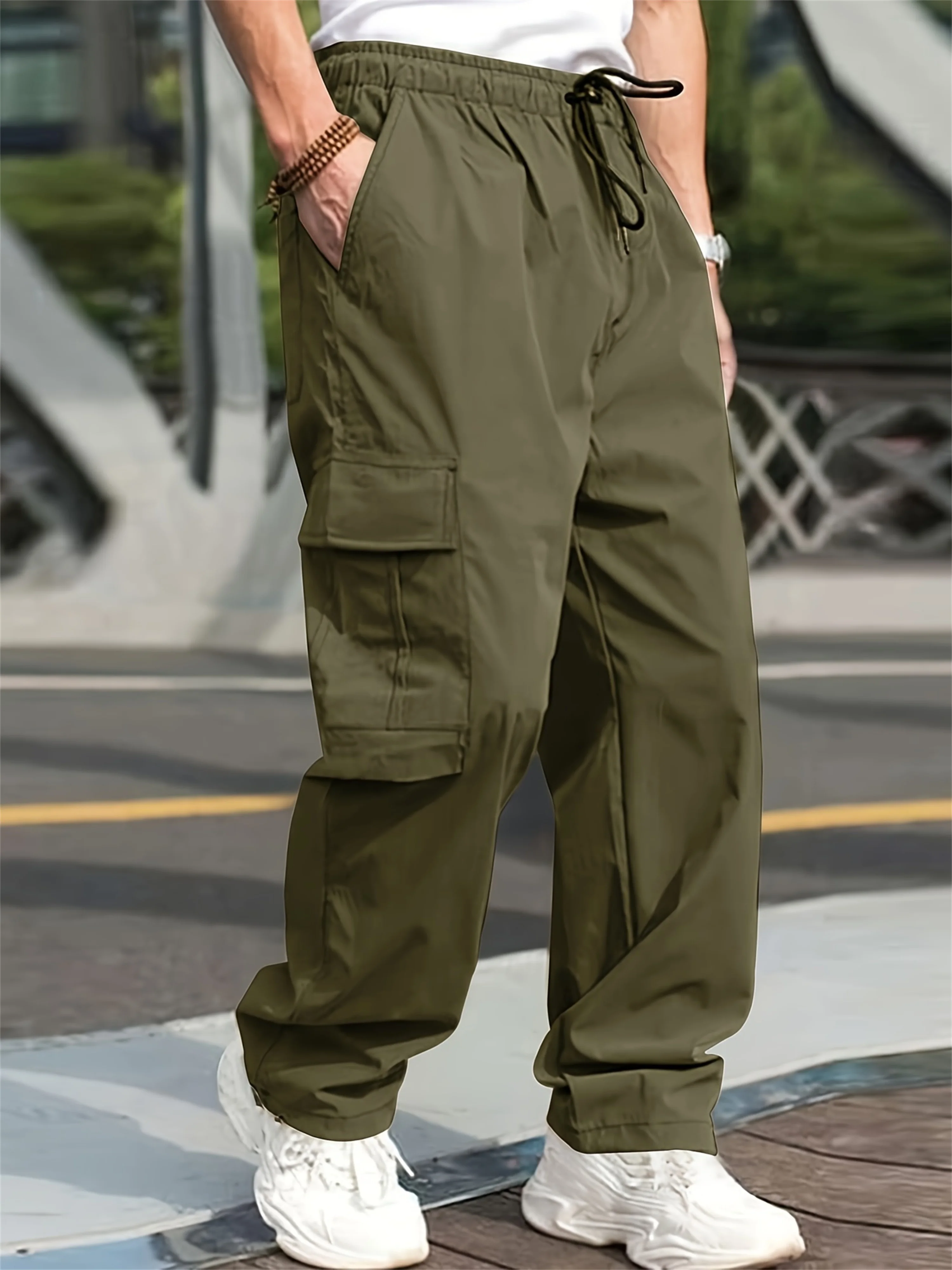 Nuovo 2024 Pantaloni Cargo Pantaloni per Gli Uomini di Lunghezza Intera di Colore Solido Allentato Multi-tasca Tasche con Coulisse Pantaloni Pantaloni Cargo Maschili 3XL