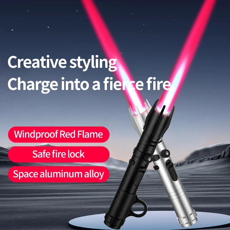 Metal Lightsaber Style Gas Lighter Powerful Red Flame Turbine Jet Torch Outdoor Compass Windproof Lighter BBQ Welding Cigar Tool