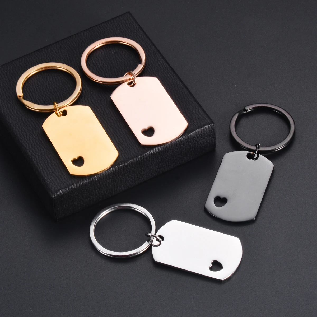 4PCS  Blank ID Tag Stainless Steel Rectangle with Heart Keychain For DIY Accessories Custom Logo Name Women Men Keychain Ring