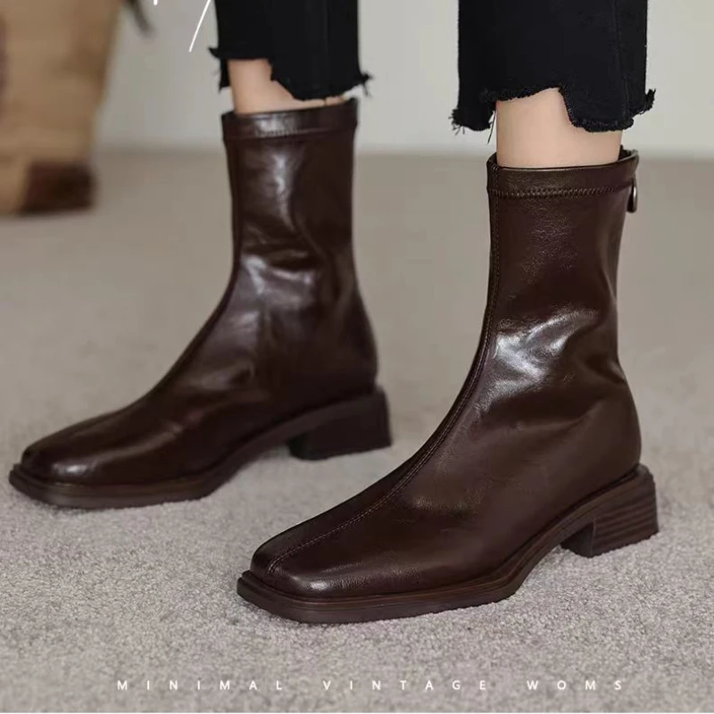 

Ankle Boots Women Flats Square Toe Leather Shoes Elegant New 2025 Winter Trend Chelsea Boots Goth Retro Gladiator Botas Zapatos