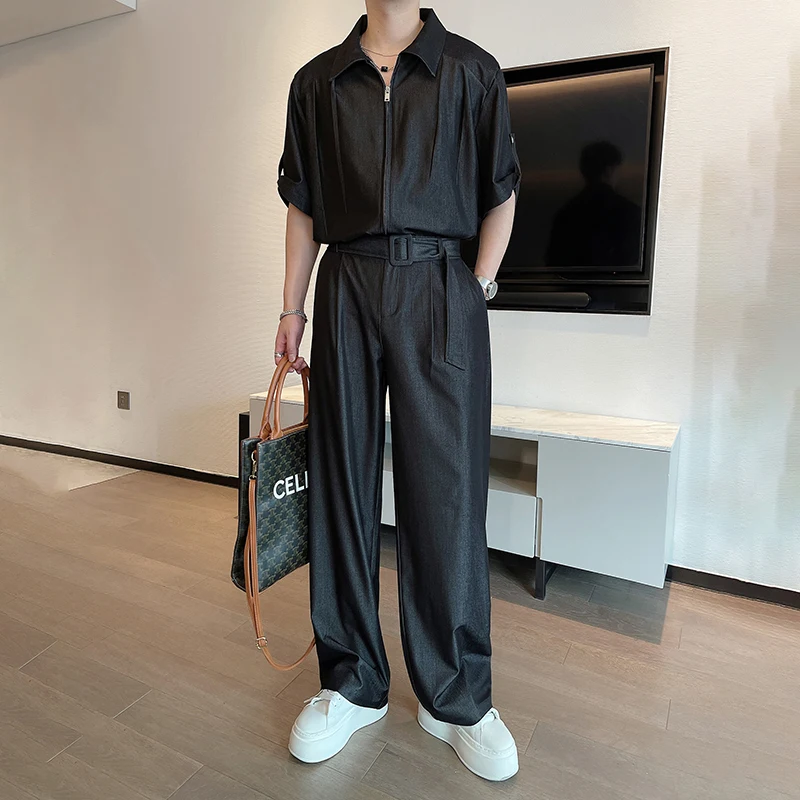 Men Summer Denim 2 Pieces Sets Loose Casual Short Sleeve Zipper Shirts Pants Japanese Korean Streetwear Shirt Jeans Suits