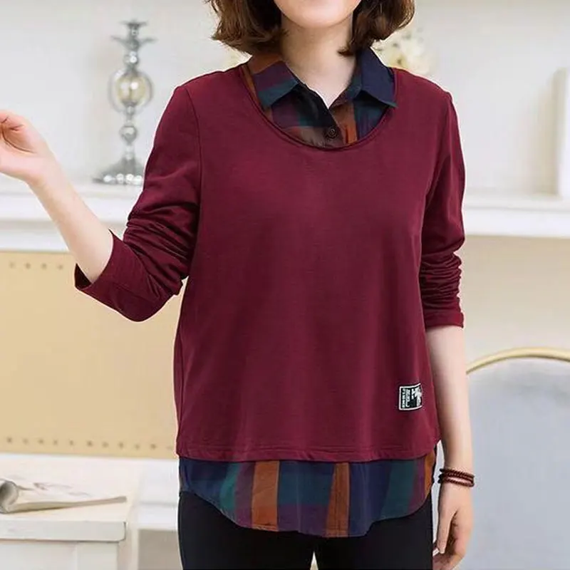 Women\'s Clothing Casual Loose Polo-Neck Pullovers Spring Autumn Standard Solid Color Patchwork All-match Fashion Button T-shirt